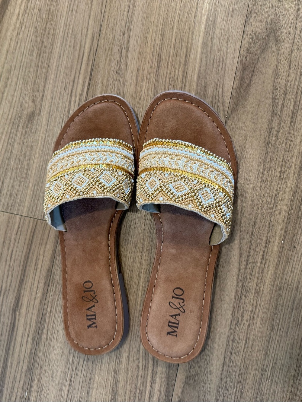 Womens Gold-Beaded Brown Slide Sandals - Size 8.5